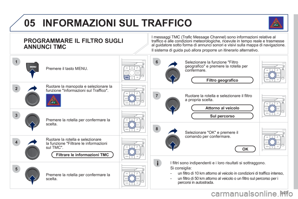 Peugeot Expert Tepee 2012 Manuale del proprietario (in Italian) 9.23
05
1
2
3
5
6
7
8
4
INFORMAZIONI SUL TRAFFICO
PROGRAMMARE IL FILTRO SUGLI
ANNUNCI TMC
Ruotare la manopola e selezionare la
funzione "Informazioni sul Traffi co". Premere i Peugeot Expert Tepee 2012 Manuale del proprietario (in Italian) 9.23
05
1
2
3
5
6
7
8
4
INFORMAZIONI SUL TRAFFICO
PROGRAMMARE IL FILTRO SUGLI
ANNUNCI TMC
Ruotare la manopola e selezionare la
funzione "Informazioni sul Traffi co". Premere i
