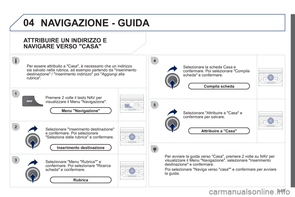 Peugeot Expert Tepee 2012  Manuale del proprietario (in Italian) 9.59
04
1
2
3
5
4
  NAVIGAZIONE - GUIDA 
 
 
ATTRIBUIRE UN INDIRIZZO E 
NAVIGARE VERSO "CASA" 
Premere 2 volte il tasto NAV per 
visualizzare il Menu "Navigazione".     
Per essere attribuito a "
Casa