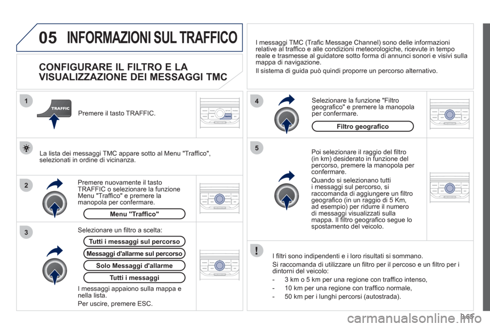 Peugeot Expert Tepee 2012  Manuale del proprietario (in Italian) 9.65
05
2 1
3
4
5
INFORMAZIONI SUL TRAFFICO 
   
 
 
 
 
 
 
 
CONFIGURARE IL FILTRO E LA 
VISUALIZZAZIONE DEI MESSAGGI TMC 
   
Poi selezionare il raggio del ﬁ ltro(in km) desiderato in funzione de