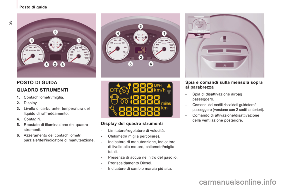 Peugeot Expert Tepee 2012  Manuale del proprietario (in Italian) 28
   
 
Posto di guida  
 
 
QUADRO STRUMENTI 
 
 
 
1. 
 Contachilometri/miglia. 
   
2. 
 Display. 
   
3. 
  Livello di carburante, temperatura del 
liquido di raffreddamento. 
   
4. 
 Contagiri.