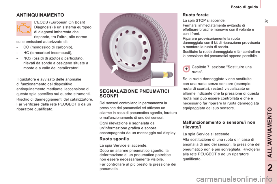 Peugeot Expert Tepee 2012  Manuale del proprietario (in Italian)  37
   
 
Posto di guida  
 
ALLAVVIAMENTO
2
 
ANTINQUINAMENTO 
 
Il guidatore è avvisato delle anomalie 
di funzionamento del dispositivo 
antinquinamento mediante laccensione di 
questa spia spec