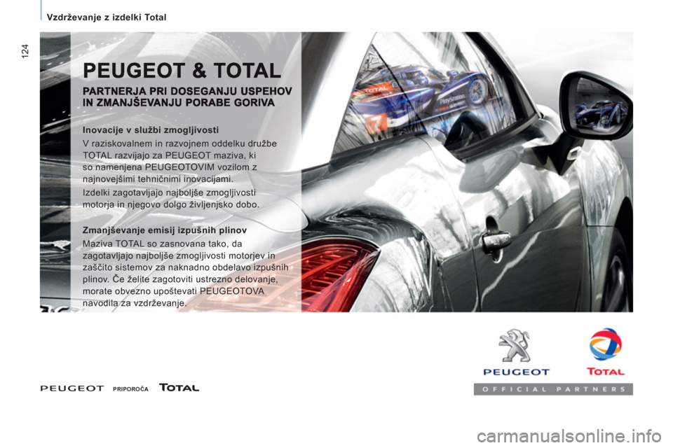 Peugeot Expert Tepee 2012  Priročnik za lastnika (in Slovenian) 124
   
 Vzdrževanje z izdelki Total 
 
 
 
PRIPOROČA  
 
 
 
 
Inovacije v službi zmogljivosti 
  V raziskovalnem in razvojnem oddelku družbe 
TOTAL razvijajo za PEUGEOT maziva, ki 
so namenjena 