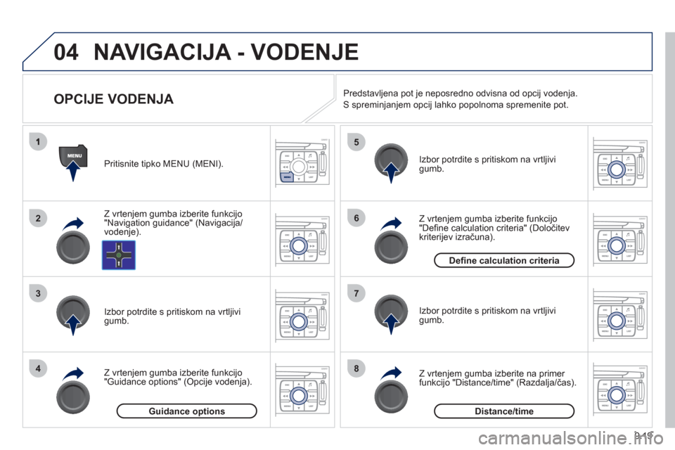 Peugeot Expert Tepee 2012  Priročnik za lastnika (in Slovenian) 9.19
04
2
3
4
5
6
7
8
NAVIGACIJA - VODENJE
   
 
 
 
 
 
 
OPCIJE VODENJA 
Z vrtenjem gumba izberite funkcijo"Navigation guidance" (Navigacija/vodenje).   Pritisnite tipko MENU 
(MENI).
Z vrten
jem gu