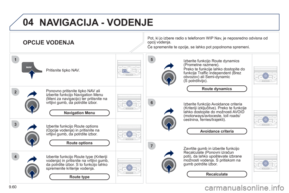 Peugeot Expert Tepee 2012  Priročnik za lastnika (in Slovenian) 9.60
04
4
3
2
1
7
6
5
NAVIGACIJA - VODENJE
   
OPCIJE VODENJA 
 
 
Izberite funkcijo Route dynamics(Prometne razmere). 
  Preko te funkcije lahko dostopite do
funkcije Traffic independent (Brez
obvozo