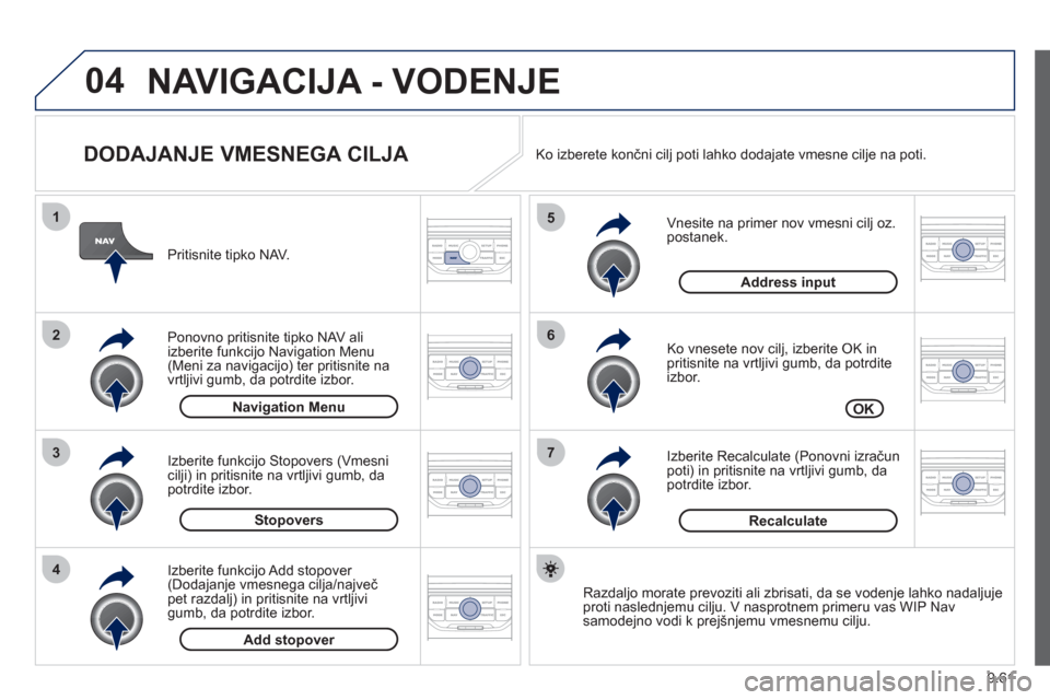 Peugeot Expert Tepee 2012  Priročnik za lastnika (in Slovenian) 9.61
04
7
6
5
4
3
2
1
   
DODAJANJE VMESNEGA CILJA 
 
 
Vnesite na primer nov vmesni cilj oz.postanek. 
   
Ko vnesete nov cil
j, izberite OK in pritisnite na vrtljivi gumb, da potrdite
izbor.  
   
I