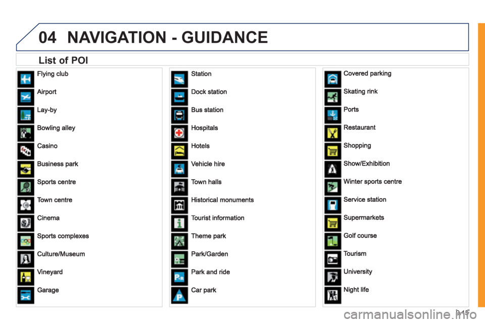 Peugeot Expert Tepee 2011  Owners Manual 9.15
04NAVIGATION - GUIDANCE
   
List of POI  