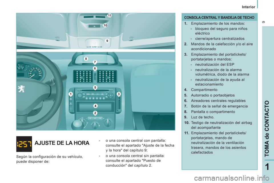 Peugeot Expert Tepee 2011 Manual del propietario (in Spanish) 9
Interior
TOMA de CONTACTO
1
CONSOLA CENTRAL Y BANDEJA DE TECHO
1.
Emplazamiento de los mandos:
- bloqueo del seguro para niños
eléctrico
- cierre/apertura centra Peugeot Expert Tepee 2011 Manual del propietario (in Spanish) 9
Interior
TOMA de CONTACTO
1
CONSOLA CENTRAL Y BANDEJA DE TECHO
1.
Emplazamiento de los mandos:
- bloqueo del seguro para niños
eléctrico
- cierre/apertura centra