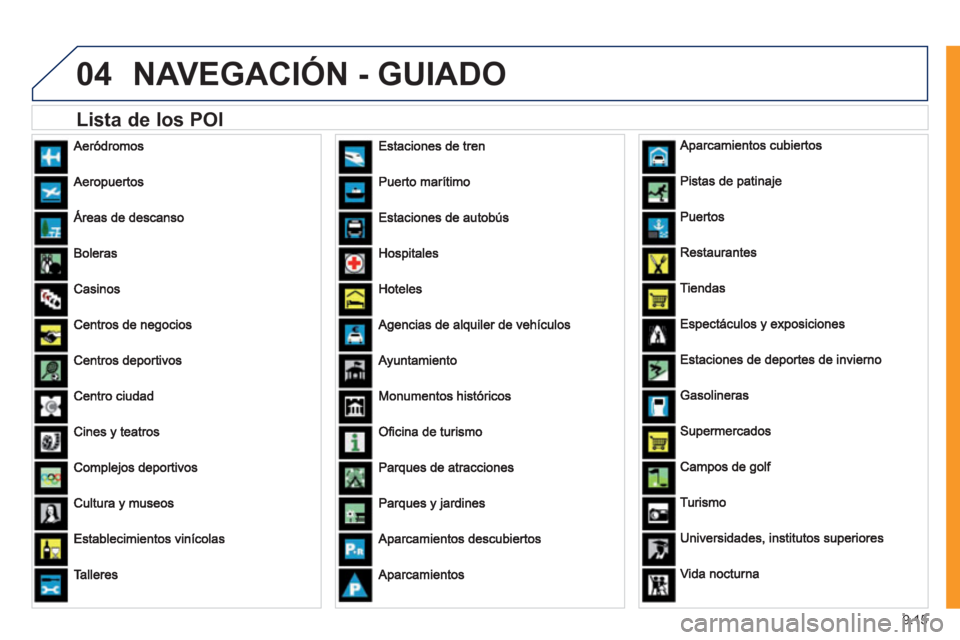Peugeot Expert Tepee 2011  Manual del propietario (in Spanish) 9.15
04NAVEGACIÓN - GUIADO 
   
Lista de los POI  