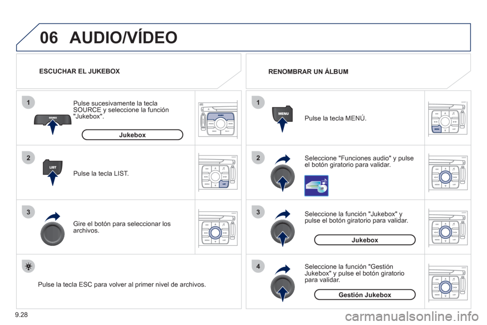 Peugeot Expert Tepee 2011  Manual del propietario (in Spanish) 9.28
06
1
2
3
4
1
2
3
AUDIO/VÍDEO 
Seleccione "Funciones audio" y pulse el botón giratorio para validar.   Pulse la tecla MEN
Ú.   RENOMBRAR UN ÁLBUM
   
Seleccione la función "Jukebox" 
y pulse 