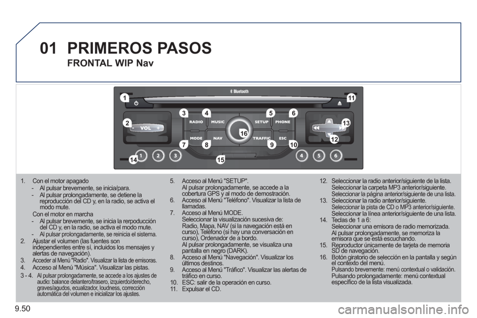 Peugeot Expert Tepee 2011 Manual del propietario (in Spanish) 9.50
01
11
55
101
22
334466
131
111
99
144155
77881212161
1. Con el motor apagado - Al pulsar brevemente, se inicia/para. - Al pulsar prolongadamente, se detiene la reproducción del CD y, en la r Peugeot Expert Tepee 2011 Manual del propietario (in Spanish) 9.50
01
11
55
101
22
334466
131
111
99
144155
77881212161
1. Con el motor apagado - Al pulsar brevemente, se inicia/para. - Al pulsar prolongadamente, se detiene la reproducción del CD y, en la r