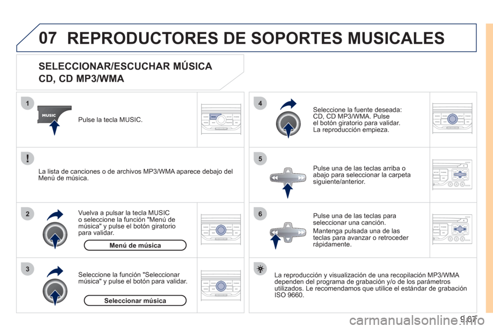 Peugeot Expert Tepee 2011  Manual del propietario (in Spanish) 9.67
07
3 2 1
6
4
5
   
 
 
 
 
 
 
 
 
 
 
 
SELECCIONAR/ESCUCHAR MÚSICA  
CD, CD MP3/WMA 
La reproducción y visualización de una recopilación MP3/WMA 
dependen del programa de grabación y/o de 