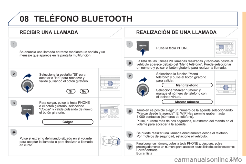 Peugeot Expert Tepee 2011 Manual del propietario (in Spanish) 9.71
08
1
3 2
2 1Seleccione la pestaña "Sí" para aceptar o "No" para rechazar y
valide pulsando el botón giratorio.
RECIBIR UNA LLAMADA
REALIZACIÓN DE UNA LLAMADA
Se anuncia una llam Peugeot Expert Tepee 2011 Manual del propietario (in Spanish) 9.71
08
1
3 2
2 1Seleccione la pestaña "Sí" para aceptar o "No" para rechazar y
valide pulsando el botón giratorio.
RECIBIR UNA LLAMADA
REALIZACIÓN DE UNA LLAMADA
Se anuncia una llam