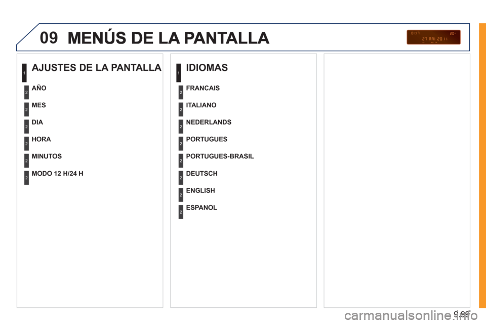 Peugeot Expert Tepee 2011  Manual del propietario (in Spanish) 9.99
09
   
AJUSTES DE LA PANTALLA 
 
 
MES  
   
DIA  
   
HOR
A 
 
   
MINUTOS      
AÑO  
   
MODO 12 H/24 H  
 
 
 
IDIOMAS 
 
 
ITALIANO  
   
NEDERLANDS  
   
PORTUGUES  
   
PORTUGUES-BRASIL  