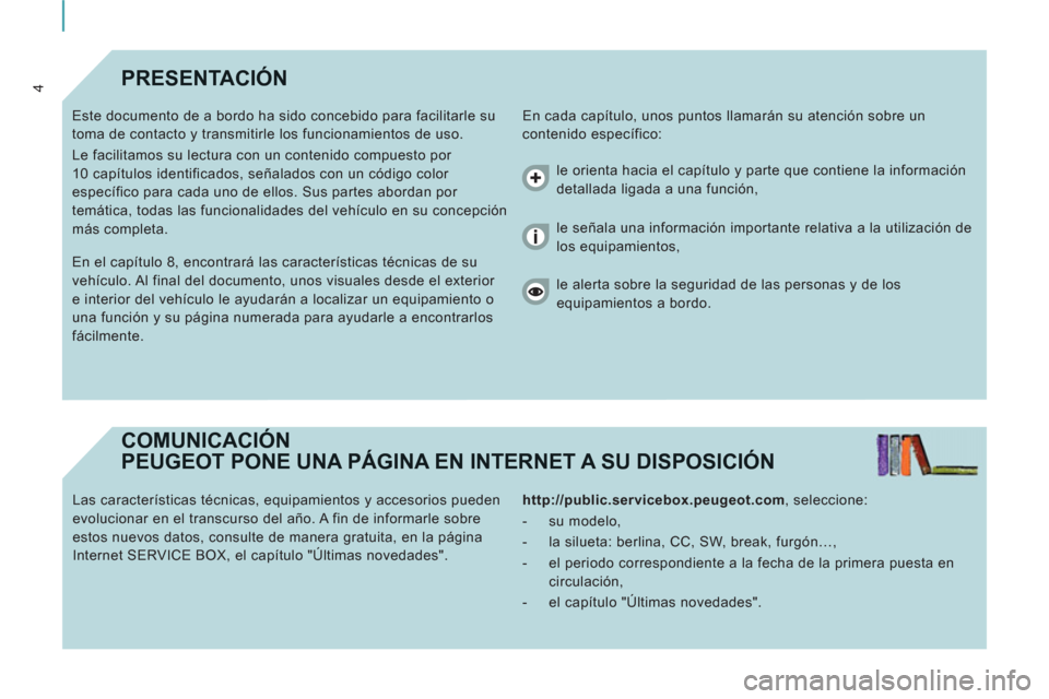 Peugeot Expert Tepee 2011 Manual del propietario (in Spanish) 4PRESENTACIÓN
En cada capítulo, unos puntos llamarán su atención sobre un
contenido específico: Este documento de a bordo ha sido concebido para facilitarle su
toma de contacto y transmiti Peugeot Expert Tepee 2011 Manual del propietario (in Spanish) 4PRESENTACIÓN
En cada capítulo, unos puntos llamarán su atención sobre un
contenido específico: Este documento de a bordo ha sido concebido para facilitarle su
toma de contacto y transmiti