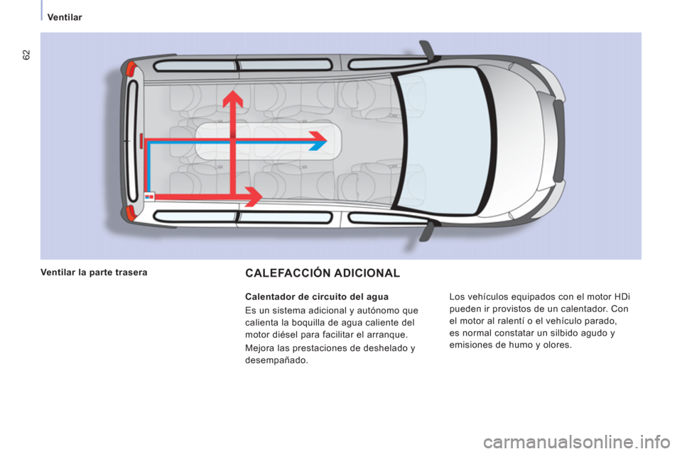 Peugeot Expert Tepee 2011  Manual del propietario (in Spanish) 62
Ventilar
CALEFACCIÓN ADICIONAL 
  Los vehículos equipados con el motor HDi 
pueden ir provistos de un calentador. Con 
el motor al ralentí o el vehículo parado, 
es normal constatar un silbido 