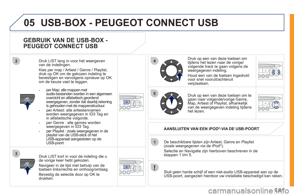 Peugeot Expert Tepee 2011 Handleiding (in Dutch) 9.91
05
42
3
1
5
USB-BOX - PEUGEOT CONNECT USB
GEBRUIK VAN DE USB-BOX -
PEUGEOT CONNECT USB
Druk LIST kort in voor de indeling die u de vorige keer hebt gekozen.
Navi
geer in de lijst met Peugeot Expert Tepee 2011 Handleiding (in Dutch) 9.91
05
42
3
1
5
USB-BOX - PEUGEOT CONNECT USB
GEBRUIK VAN DE USB-BOX -
PEUGEOT CONNECT USB
Druk LIST kort in voor de indeling die u de vorige keer hebt gekozen.
Navi
geer in de lijst met