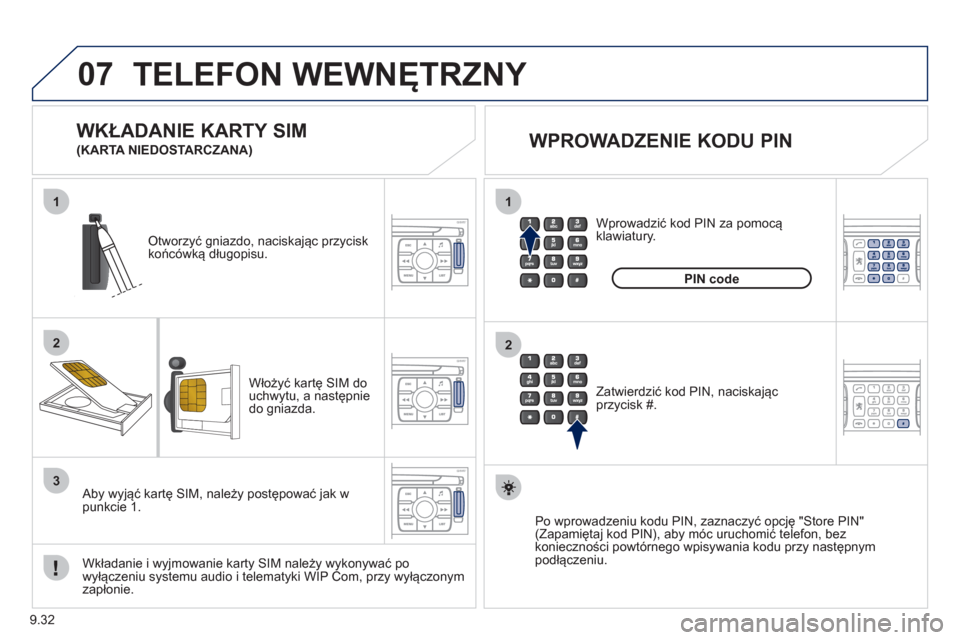 Peugeot Expert Tepee 2011  Instrukcja Obsługi (in Polish) 9.32
07
1
2
1
2
3
TELEFON WEWNĘTRZNY 
Włożyć kartę SIM do uchwytu, a następnie 
do gniazda.
Otworzyć gniazdo, naciskając przycisk końc