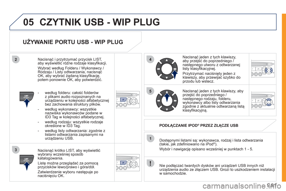 Peugeot Expert Tepee 2011  Instrukcja Obsługi (in Polish) 9.91
05
42
3
1
5
CZYTNIK USB - WIP PLUG
   
UŻYWANIE PORTU USB - WIP PLUG 
 
 
Nacisnąć krótko LIST, aby wyświetlić
wybrany wcześniej spos