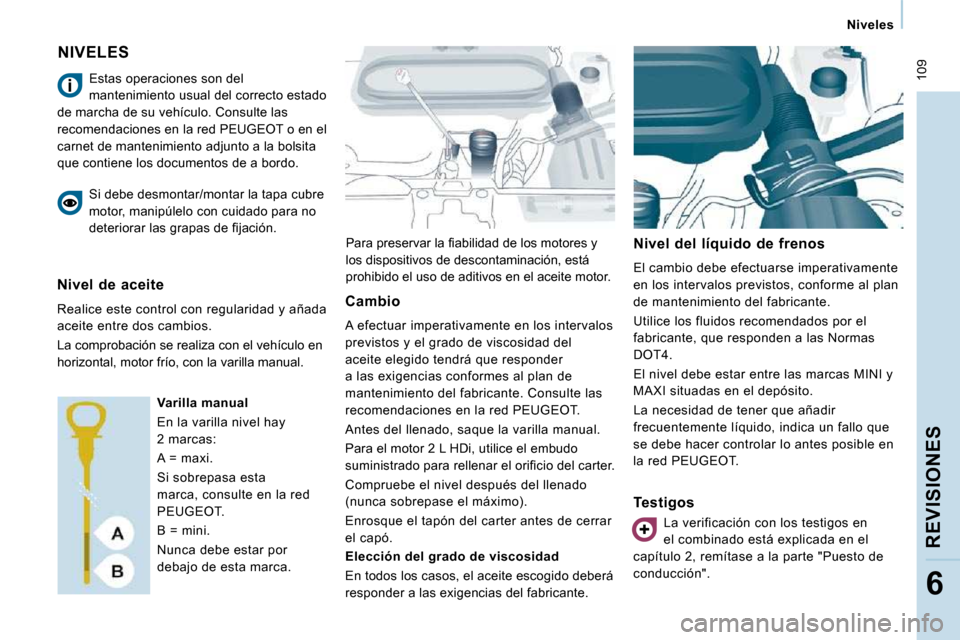 Peugeot Expert Tepee 2010  Manual del propietario (in Spanish)  109
   Niveles   
REVISIONES
6
 NIVELES 
� �P�a�r�a� �p�r�e�s�e�r�v�a�r� �l�a� �ﬁ� �a�b�i�l�i�d�a�d� �d�e� �l�o�s� �m�o�t�o�r�e�s� �y�  
los dispositivos de descontaminación, está 
prohibido el u
