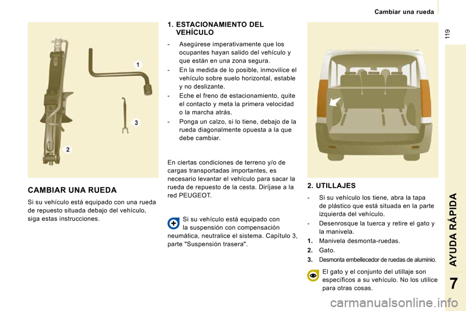 Peugeot Expert Tepee 2010  Manual del propietario (in Spanish)  119
   Cambiar  una  rueda   
AYUDA RÁPIDA
7
 CAMBIAR UNA RUEDA 
 Si su vehículo está equipado con una rueda  
de repuesto situada debajo del vehículo, 
siga estas instrucciones. 
  1.   ESTACION