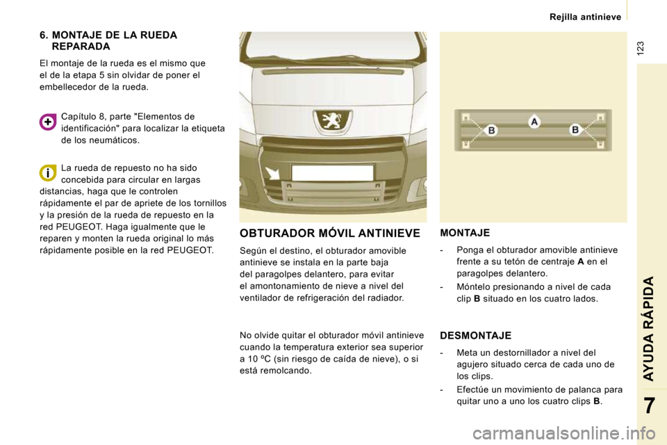 Peugeot Expert Tepee 2010 Manual del propietario (in Spanish) 123
Rejilla antinieve
AYUDA RÁPIDA
7
6. MONTAJE DE LA RUEDA REPARADA
El montaje de la rueda es el mismo que
el de la etapa 5 sin olvidar de poner el
embellecedor de la rueda. La Peugeot Expert Tepee 2010 Manual del propietario (in Spanish) 123
Rejilla antinieve
AYUDA RÁPIDA
7
6. MONTAJE DE LA RUEDA REPARADA
El montaje de la rueda es el mismo que
el de la etapa 5 sin olvidar de poner el
embellecedor de la rueda. La