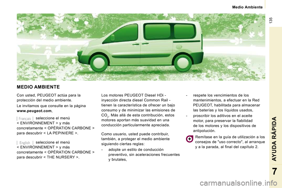 Peugeot Expert Tepee 2010  Manual del propietario (in Spanish)  135
   Medio Ambiente   
AYUDA RÁPIDA
7
 MEDIO AMBIENTE 
 Con usted, PEUGEOT actúa para la  
�p�r�o�t�e�c�c�i�ó�n� �d�e�l� �m�e�d�i�o� �a�m�b�i�e�n�t�e�.�  
 Le invitamos que consulte en la págin