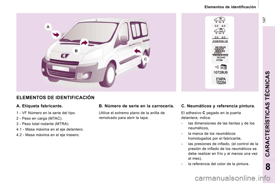 Peugeot Expert Tepee 2010  Manual del propietario (in Spanish)  147
   Elementos  de  identificación   
CARACTERÍSTICAS TÉCNICAS
8
 ELEMENTOS DE IDENTIFICACIÓN 
  A.  Etiqueta  fabricante. 
 1 - VF Número en la serie del tipo.  
 2 - Peso en carga (MTAC). 
 