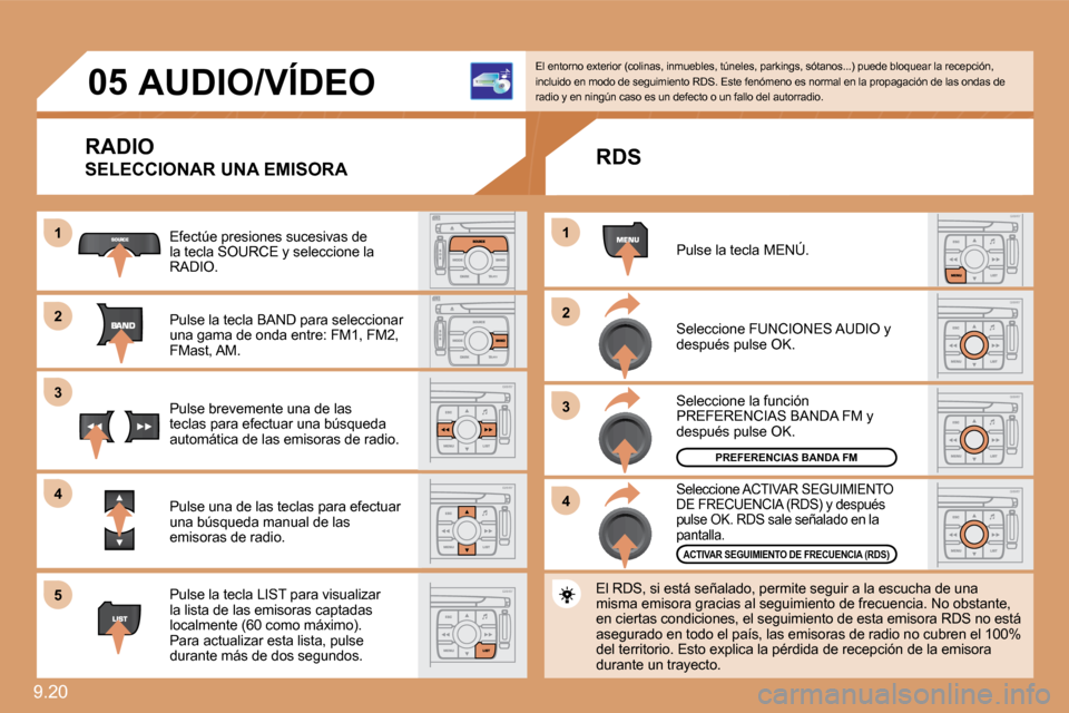 Peugeot Expert Tepee 2010  Manual del propietario (in Spanish) 9.20 
11
�2�2
�3�3
11
�2�2
�3�3
�4�4
�0�5
�4�4
�5�5
�A�U�D�I�O�/�V�Í�D�E�O� 
 RADIO 
 SELECCIONAR UNA EMISORA 
 Efectúe presiones sucesivas de la tecla SOURCE y seleccione la RADIO. 
 Pulse la tecla