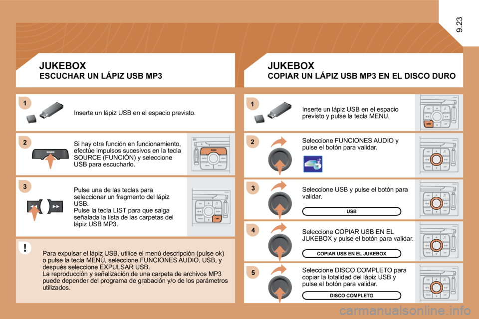 Peugeot Expert Tepee 2010  Manual del propietario (in Spanish) �2�2
11
�3�3
�4�4
�5�5
�2�2
�3�3
11
USB
 Seleccione USB y pulse el botón para validar. 
COPIAR USB EN EL JUKEBOX
DISCO COMPLETO
 Seleccione COPIAR USB EN EL JUKEBOX y pulse el botón para validar. 
 
