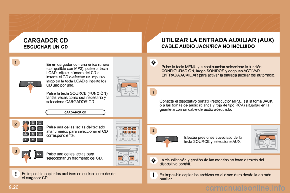 Peugeot Expert Tepee 2010  Manual del propietario (in Spanish) 9.26 
1
�2�2
11
�3�3
�2�2
CARGADOR CD
 En un cargador con una única ranura (compatible con MP3), pulse la tecla LOAD, elija el número del CD e inserte el CD o efectúe un impulso largo en la tecla L