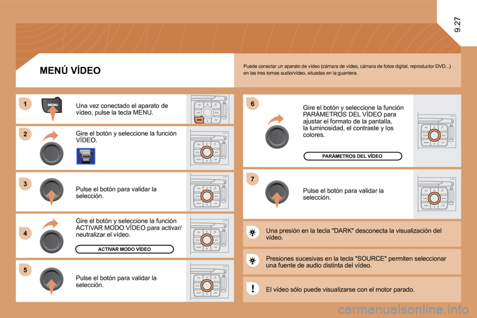Peugeot Expert Tepee 2010  Manual del propietario (in Spanish) 11
�2�2
�3�3
�4�4
�5�5
�6�6
�7�7
9.27
�A�C�T�I�V�A�R� �M�O�D�O� �V�Í�D�E�O
�P�A�R�Á�M�E�T�R�O�S� �D�E�L� �V�Í�D�E�O
 Puede conectar un aparato de vídeo (cámara de vídeo, cámara de fotos digital