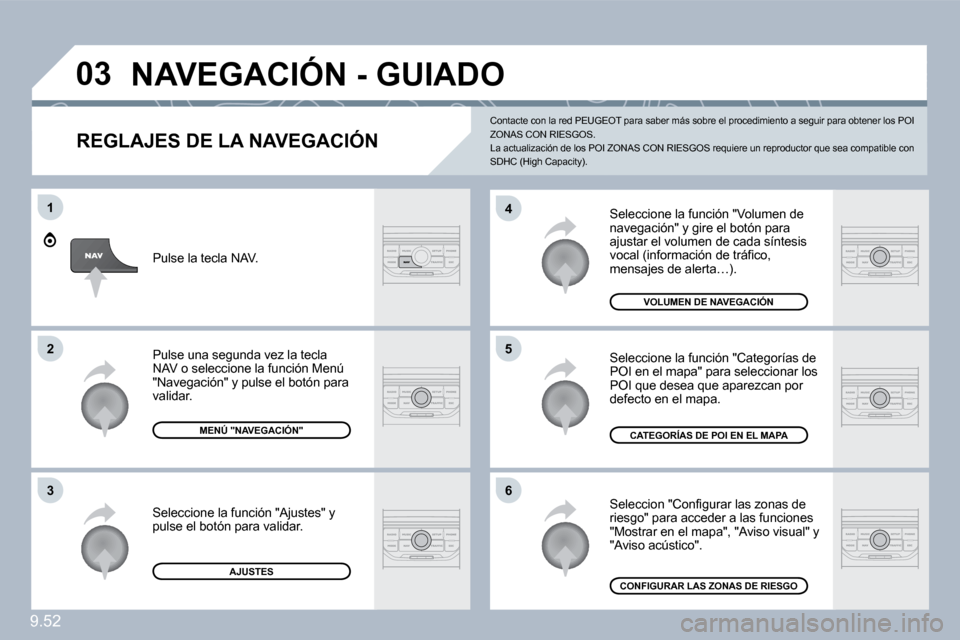 Peugeot Expert Tepee 2010  Manual del propietario (in Spanish) 9.52
�0�3
�6
�4
�5
1
�2
�3
� � �R�E�G�L�A�J�E�S� �D�E� �L�A� �N�A�V�E�G�A�C�I�Ó�N� 
 Seleccione la función "Volumen de navegación" y gire el botón para ajustar el volumen de cada síntesis �v�o�c�