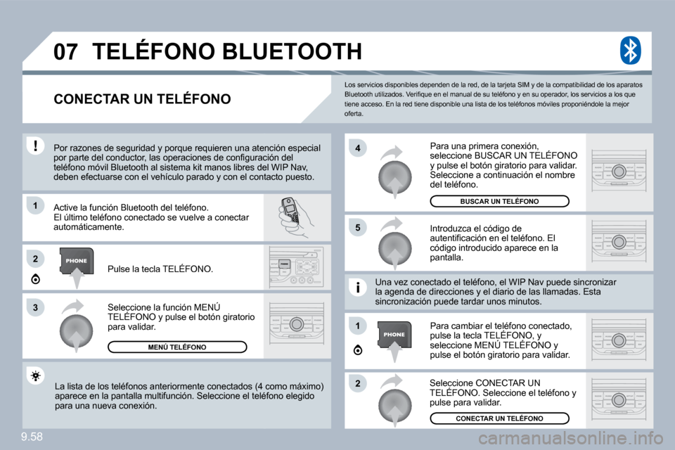 Peugeot Expert Tepee 2010  Manual del propietario (in Spanish) 9.58
�0�7
1
�3
�5
�4
�2
1
�2
 Los servicios disponibles dependen de la red, de la tarjeta SIM y de la compatibilidad de los aparato s �B�l�u�e�t�o�o�t�h� �u�t�i�l�i�z�a�d�o�s�.� �V�e�r�i�ﬁ� �q�u�e� 