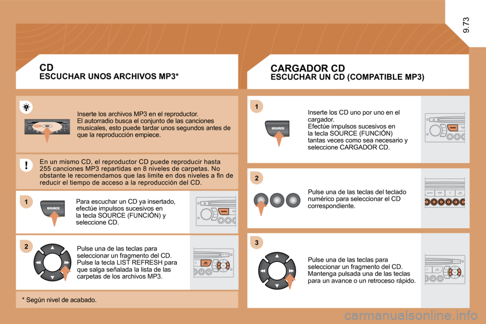 Peugeot Expert Tepee 2010  Manual del propietario (in Spanish) 11
�2�2
1
�2�2
�3�3
9.73
 Inserte los archivos MP3 en el reproductor.  El autorradio busca el conjunto de las canciones musicales, esto puede tardar unos segundos antes de que la reproducción empiece