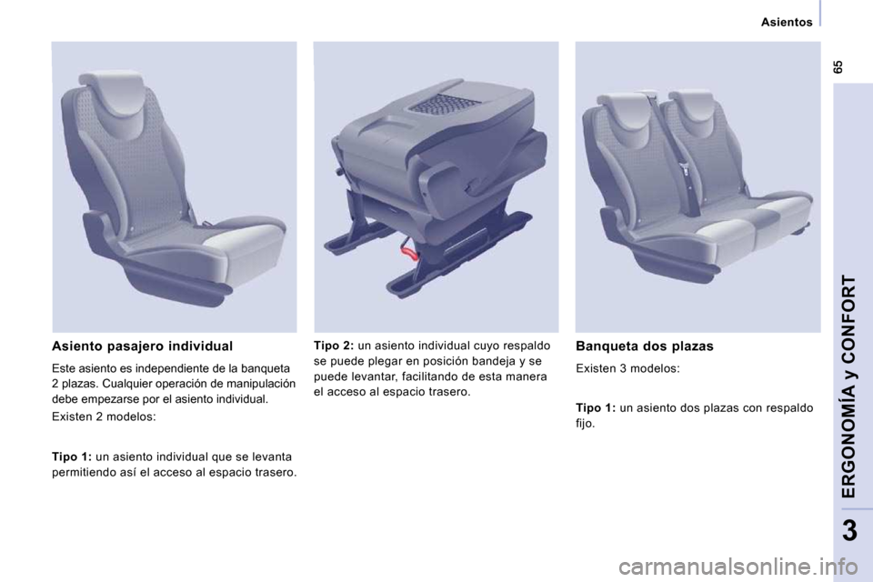 Peugeot Expert Tepee 2010  Manual del propietario (in Spanish)    Asientos   
ERGONOMÍA y CONFORT
3
  
Tipo 2  
:  
   un asiento individual cuyo respaldo 
se puede plegar en posición bandeja y se  
puede levantar, facilitando de esta manera 
el acceso al espac