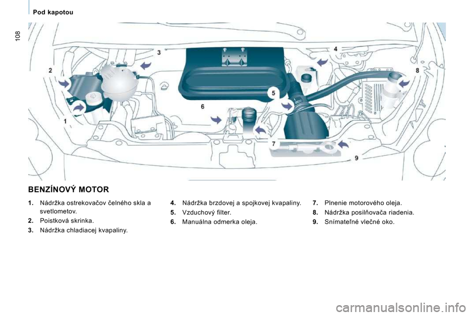 Peugeot Expert Tepee 2010  Užívateľská príručka (in Slovak) 108
   Pod  kapotou   
 BENZÍNOVÝ MOTOR 
  
4. � �  �N�á�d�r�ž�k�a� �b�r�z�d�o�v�e�j� �a� �s�p�o�j�k�o�v�e�j� �k�v�a�p�a�l�i�n�y�.� 
  
5. � �  �V�z�d�u�c�h�o�v�ý� �f�i�l�t�e�r�.� 
  
6. � �  �M�