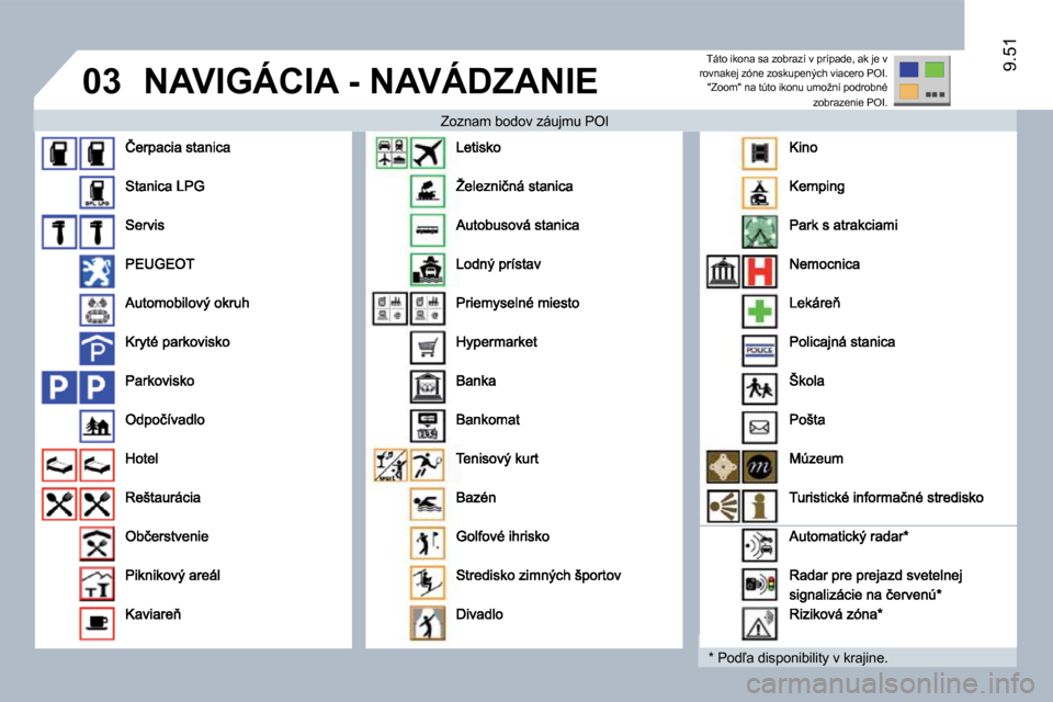 Peugeot Expert Tepee 2010  Užívateľská príručka (in Slovak) �0�3
9.519.51
� �N�A�V�I�G�Á�C�I�A� �-� �N�A�V�Á�D�Z�A�N�I�E� 
� � �Z�o�z�n�a�m� �b�o�d�o�v� �z�á�u�j�m�u� �P�O�I� 
� � �*� � � �P�o�d-�a� �d�i�s�p�o�n�i�b�i�l�i�t�y� �v� �k�r�a�j�i�n�e�.� � 
� �T