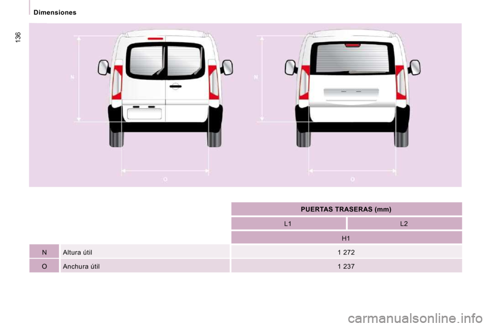 Peugeot Expert Tepee 2009  Manual del propietario (in Spanish) 136
    Dimensiones    
          
PUERTAS TRASERAS (mm   
)    
         L1        L2  
       
      H1      
  N    Altura útil       1 272      
  O    Anchura útil       1 237        