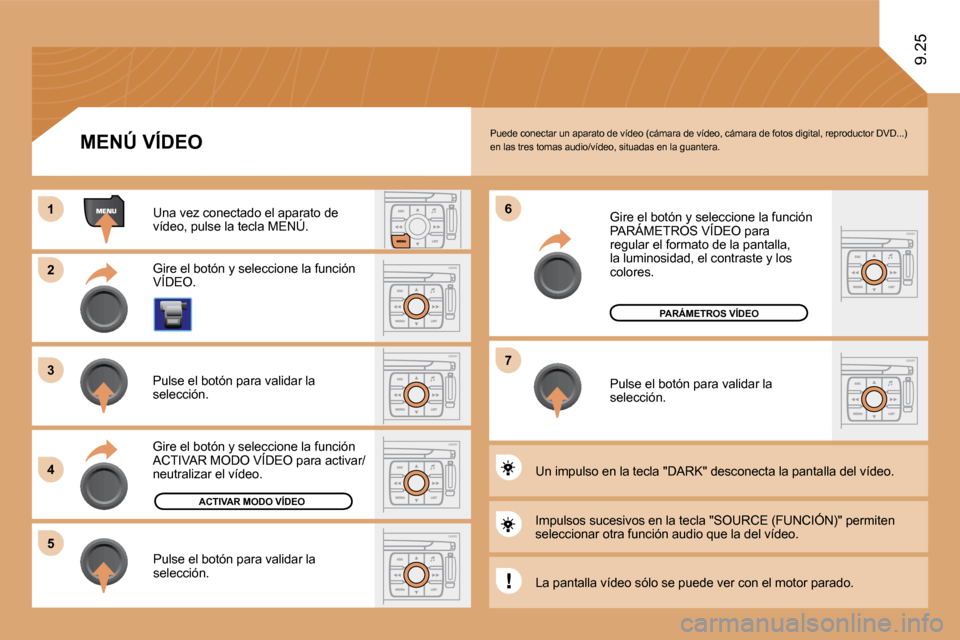 Peugeot Expert Tepee 2009  Manual del propietario (in Spanish) 11
22
33
44
55
66
77
9.25
ACTIVAR MODO VÍDEO
PARÁMETROS VÍDEO
 Puede conectar un aparato de vídeo (cámara de vídeo, cámara de fotos digital, reproductor DVD...) en las tres tomas audio/vídeo, 