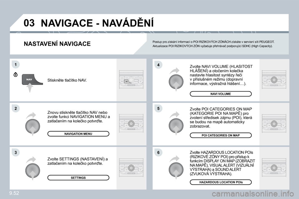 Peugeot Expert Tepee 2009  Návod k obsluze (in Czech) �9�.�5�2
�0�3
�6
4
�5
�1
2
�3
� � �N�A�S�T�A�V�E�N�Í� �N�A�V�I�G�A�C�E� 
� �Z�v�o�l�t�e� �N�A�V�I� �V�O�L�U�M�E� �(�H�L�A�S�I�T�O�S�T� �H�L�Á�Š�E�N�Í�)� �a� �o�t�o�č�e�n�í�m� �k�o�l�e�č�k�a� � 