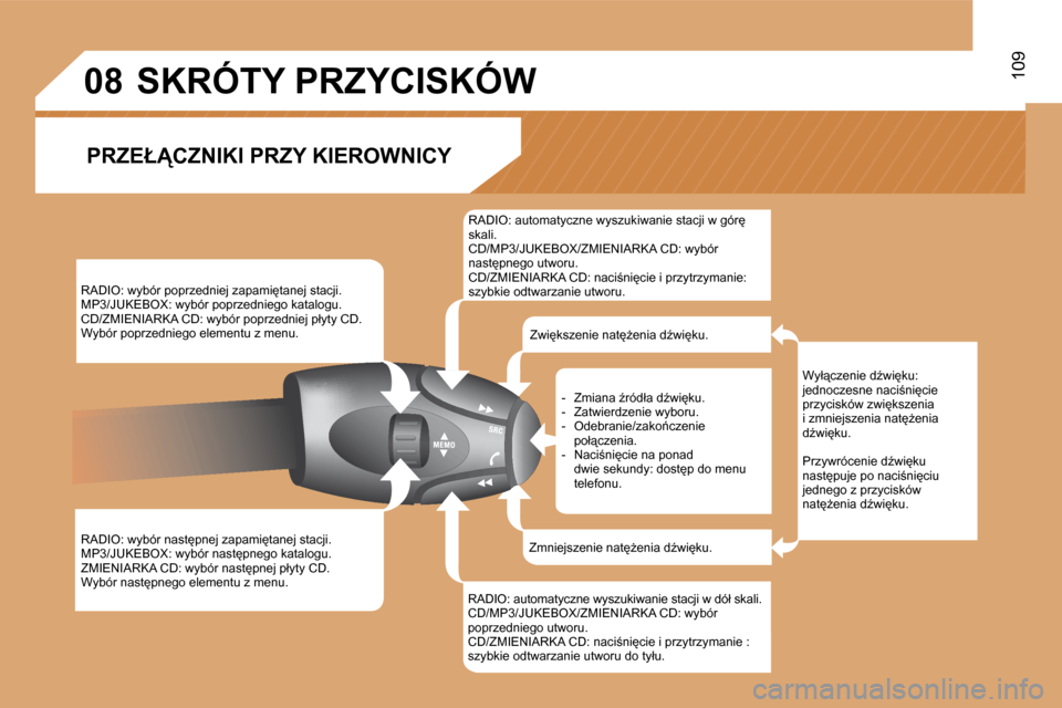 Peugeot Expert Tepee 2008.5  Instrukcja Obsługi (in Polish) �0�8�1�0�9
� �R�A�D�I�O�:� �w�y�b�ó�r� �p�o�p�r�z�e�d�n�i�e�j� �z�a�p�a�m�i�t�a�n�e�j� �s�t�a�c�j�i�.� � �M�P�3�/�J�U�K�E�B�O�X�:� �w�y�b�ó�r� �p�o�p�r�z�e�d�n�i�e�g�o� �k�a�t�a�l�o�g�u�.� � �C�D�