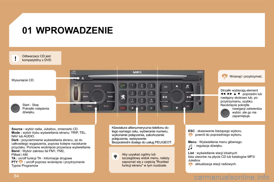 Peugeot Expert Tepee 2008.5  Instrukcja Obsługi (in Polish) 84
�0�1
�O�d�t�w�a�r�z�a�c�z� �C�D� �j�e�s�t� �k�o�m�p�a�t�y�b�i�l�n�y� �z� �D�V�D�.
� �W�y�s�u�n�i�c�i�e� �C�D� �.
� �S�t�a�r�t� �-� �S�t�o�p� � �P�o�k�r�t�ł�o� �n�a�tG�e�n�i�a� �dE�w�i�k�