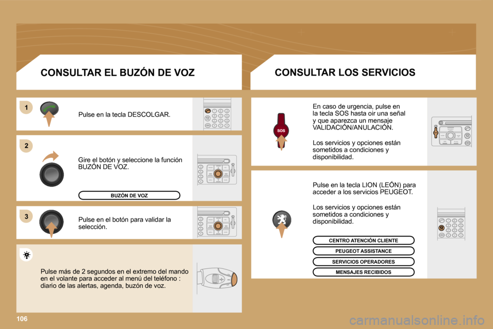 Peugeot Expert Tepee 2007  Manual del propietario (in Spanish) �1 
�2 
�3
�1�0�6
�G�i�r�e� �e�l� �b�o�t�ó�n� �y� �s�e�l�e�c�c�i�o�n�e� �l�a� �f�u�n�c�i�ó�n�  
�B�U�Z�Ó�N� �D�E� �V�O�Z�.�P�u�l�s�e� �e�n� �l�a� �t�e�c�l�a� �D�E�S�C�O�L�G�A�R�. 
�P�u�l�s�e� �e�n�