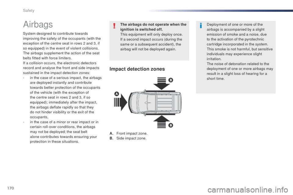 Peugeot Expert VU 2016  Owners Manual - RHD (UK, Australia) 170
Airbags
System designed to contribute towards 
improving the safety of the occupants (with the 
exception of the centre seat in rows 2 and 3, if 
so equipped) in the event of violent collisions. 
