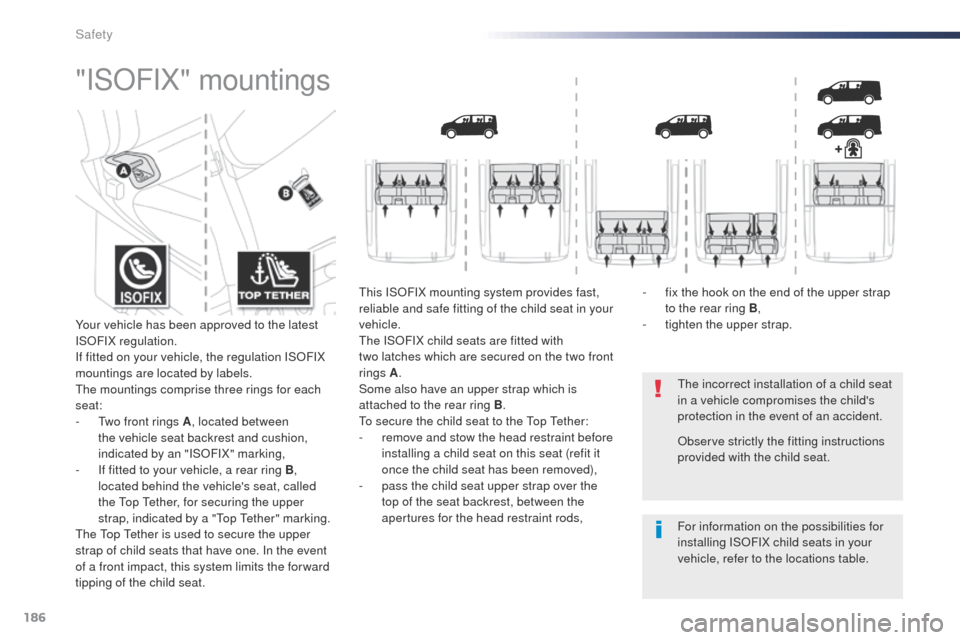 Peugeot Expert VU 2016  Owners Manual - RHD (UK, Australia) 186
"ISoFIX" mountings
the incorrect installation of a child seat 
in a vehicle compromises the childs 
protection in the event of an accident.
For information on the possibilities for 
installing IS