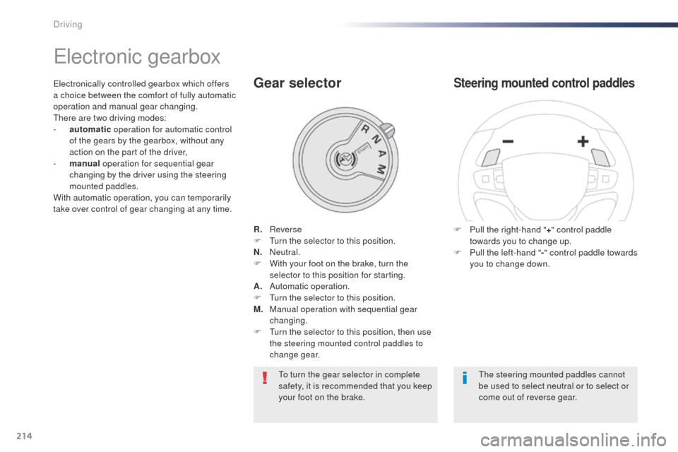 Peugeot Expert VU 2016  Owners Manual - RHD (UK, Australia) 214
electronic gearbox
R. Reverse
F  tu rn the selector to this position.
N.
 N

eutral.
F
 
W
 ith your foot on the brake, turn the 
selector to this position for starting.
A.
 A

utomatic operation.