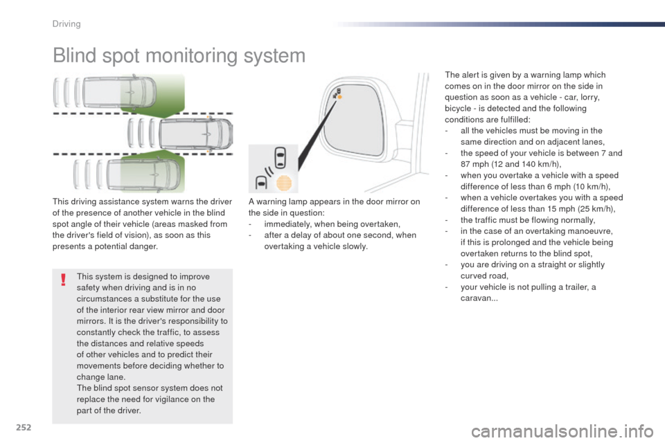 Peugeot Expert VU 2016  Owners Manual - RHD (UK, Australia) 252
Blind spot monitoring system
A warning lamp appears in the door mirror on 
the side in question:
-
 i
mmediately, when being overtaken,
-
 
a
 fter a delay of about one second, when 
overtaking a 