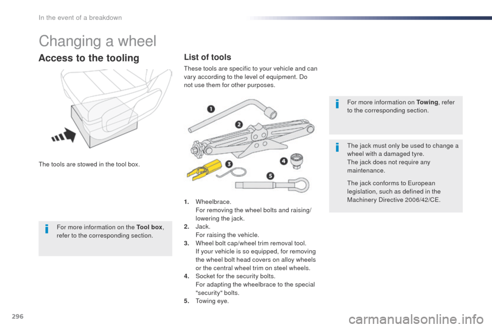 Peugeot Expert VU 2016  Owners Manual - RHD (UK, Australia) 296
Changing a wheel
the tools are stowed in the tool box.
Access to the tooling
1. Wheelbrace. F
or removing the wheel bolts and raising/
lowering the jack.
2.
 J

ack.
 F

or raising the vehicle.
3.