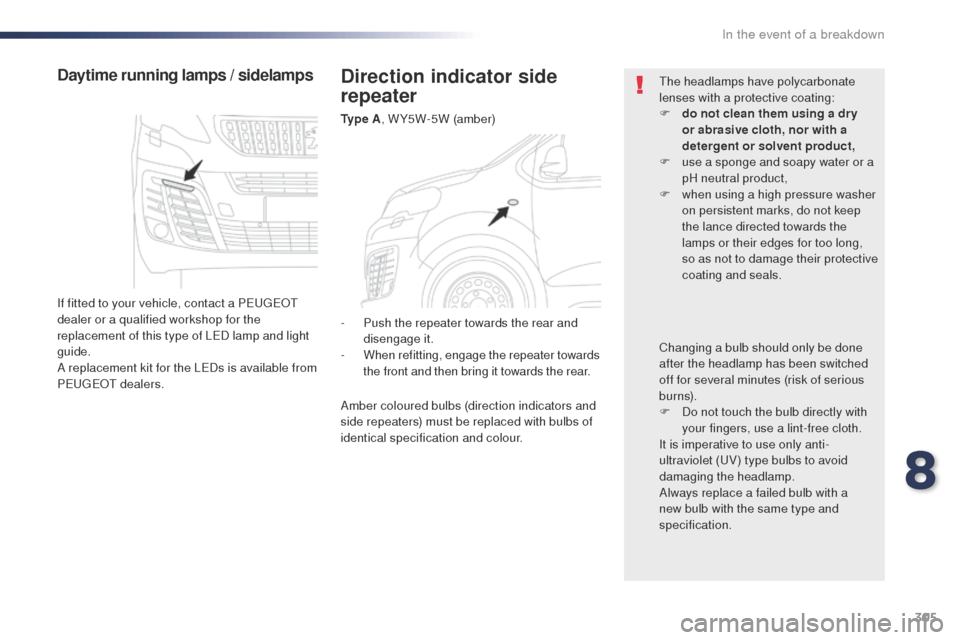 Peugeot Expert VU 2016  Owners Manual - RHD (UK, Australia) 305
Direction indicator side 
repeater
Ty p e  A, W Y5W-5W (amber)
Daytime running lamps / sidelamps
If fitted to your vehicle, contact a Pe ugeot  
dealer or a qualified workshop for the 
replacement