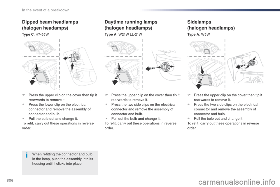Peugeot Expert VU 2016  Owners Manual - RHD (UK, Australia) 306
When refitting the connector and bulb 
in the lamp, push the assembly into its 
housing until it clicks into place.
Dipped beam headlamps
(halogen headamps)
Ty p e  C, H7- 5 5 W
Daytime running la